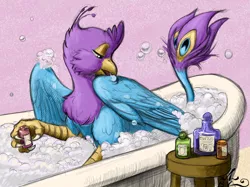 Size: 2667x2000 | Tagged: safe, artist:amarynceus, color edit, deleted from derpibooru, derpibooru import, edit, oc, oc:gyro feather, oc:gyro tech, gryphon, bath, bathtub, behaving like a bird, birds doing bird things, bubble, bubble bath, claw foot bathtub, colored, griffonized, grooming, male, preening, soap, species swap