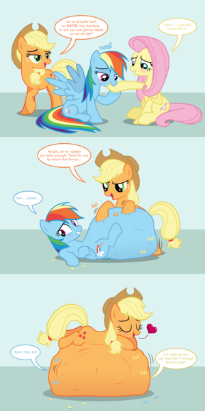 Size: 6000x12000 | Tagged: questionable, artist:ithinkitsdivine, derpibooru import, applejack, fluttershy, rainbow dash, pony, absurd resolution, belly, belly bed, bellyrubs, big belly, blushing, comic, dialogue, endosoma, female, females only, fetish, floating heart, flutterprey, heart, huge belly, impossibly large belly, multiple prey, nibbling, nom, onomatopoeia, predajack, preddash, preydash, soft vore, sound effects, vore, voreception, wholesome vore, willing vore