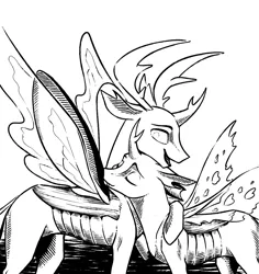 Size: 1134x1200 | Tagged: artist:28gooddays, black and white, changedling, changeling, changeling king, derpibooru import, duo, eyes closed, fanfic art, grayscale, hug, king thorax, male, monochrome, oc, oc:vertexthechangeling, quadrupedal, safe, simple background, thorax, white background