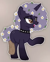 Size: 799x992 | Tagged: safe, artist:bluedinoadopts, derpibooru import, oc, oc:night flowers, unofficial characters only, bat pony, pony, unicorn, vampire, afro, amputee, blank flank, brown background, choker, eyeshadow, fangs, female, flower, flower in hair, freckles, leaf, leaves, makeup, mare, open mouth, prosthetic limb, prosthetics, raised hoof, scar, simple background, solo, wood