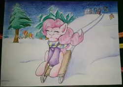 Size: 1024x720 | Tagged: safe, artist:sadonax, derpibooru import, angel bunny, applejack, fluttershy, pinkie pie, rainbow dash, rarity, twilight sparkle, twilight sparkle (alicorn), alicorn, pony, clothes, hoodie, igloo, mane six, pencil drawing, scarf, sleigh, snow, sweater, traditional art, winter