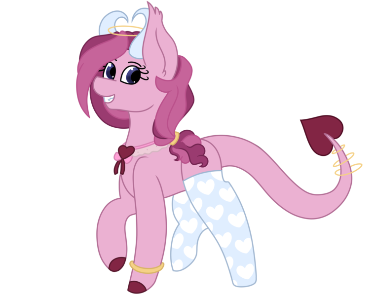 Size: 3000x2369 | Tagged: safe, artist:midnightamber, derpibooru import, oc, oc:valentina hearts, unofficial characters only, angel pony, demon, demon pony, hybrid, original species, pony, angel, blank flank, bracelet, clothes, female, halo, heart, horns, jewelry, mare, raised hoof, simple background, socks, solo, stockings, thigh highs, transparent background, unshorn fetlocks