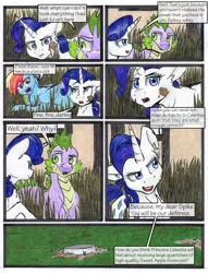 Size: 1950x2550 | Tagged: safe, artist:tillie-tmb, derpibooru import, rainbow dash, rarity, spike, pony, comic:the amulet of shades, comic, food, older, pie, traditional art