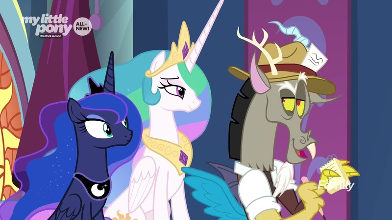 Size: 1920x1080 | Tagged: safe, derpibooru import, screencap, discord, princess celestia, princess luna, draconequus, pony, the beginning of the end, ethereal mane, female, hat, male, mare, raised eyebrow, reporter, royal sisters, siblings, sisters, starry mane, trio