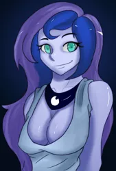 Size: 2532x3747 | Tagged: safe, artist:chaosknight, derpibooru import, princess luna, equestria girls, absolute cleavage, breasts, busty princess luna, cleavage, dark background, female, solo, vice principal luna