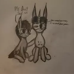 Size: 2977x2977 | Tagged: safe, artist:antique1899, derpibooru import, oc, oc:binky, oc:ragtime melody, unofficial characters only, hybrid, pony, zony, chest fluff, good friend, love and tolerance, monochrome, pencil drawing, sad, support, teary eyes, traditional art