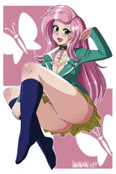 Size: 3000x4500 | Tagged: suggestive, artist:danmakuman, derpibooru import, fluttershy, butterfly, human, absurd resolution, adorasexy, anime, ass, blushing, breasts, busty fluttershy, butt, cleavage, clothes, cosplay, costume, crossover, cute, cute little fangs, fangs, female, flutterbutt, humanized, image, legs, looking at you, miniskirt, moe, moka akashiya, open mouth, panchira, panties, panty shot, pleated skirt, png, race swap, rosario to vampire, sexy, shyabetes, skirt, skirt lift, socks, solo, solo female, stupid sexy fluttershy, thighs, underwear, upskirt, white panties, white underwear