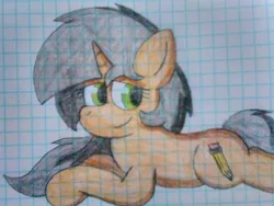 Size: 1600x1200 | Tagged: safe, artist:thebadbadger, derpibooru import, oc, oc:astatine, pony, unicorn, graph paper, lined paper, traditional art