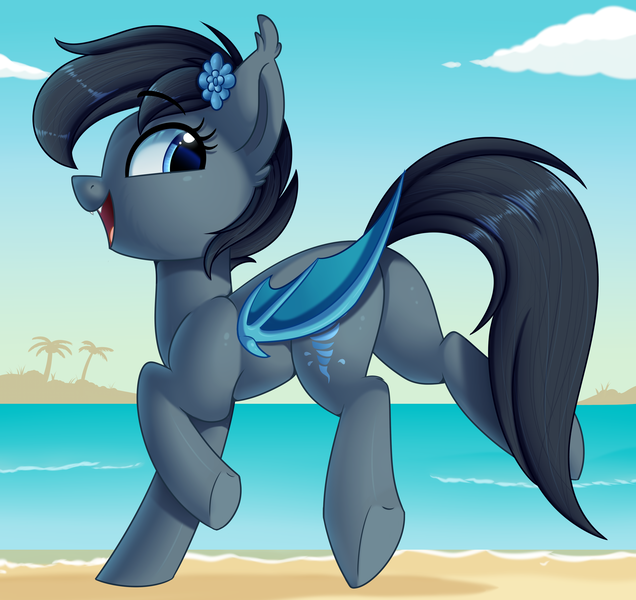 Size: 3073x2900 | Tagged: safe, artist:thegamblehorse, deleted from derpibooru, derpibooru import, oc, oc:seachell, unofficial characters only, bat pony, pony, bat pony oc, bat wings, beach, butt, cute, cute little fangs, fangs, female, flower, flower in hair, happy, mare, palm tree, plot, solo, tree, wings