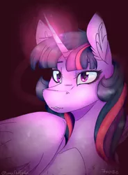 Size: 1010x1370 | Tagged: safe, artist:sm0lfluffyfox, derpibooru import, twilight sparkle, twilight sparkle (alicorn), alicorn, pony, close-up, eye reflection, eyelashes, glowing horn, horn, lips, reflection, signature, simple background, solo