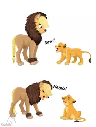 Size: 3504x4632 | Tagged: safe, artist:shadeila, derpibooru import, applejack, big cat, lion, pony, scare master, animal costume, applelion, clothes, comic, costume, crossover, cub, cute, descriptive noise, dialogue, disney, duo, eyes closed, horse noises, jackabetes, neigh, nightmare night costume, open mouth, rawr, simba, the lion king, this will end in tears