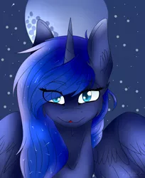 Size: 1042x1280 | Tagged: safe, artist:sm0lfluffyfox, derpibooru import, princess luna, pony, :3, bust, cute, eye clipping through hair, lunabetes, moon, portrait, sky, smiling, solo, stars