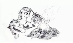 Size: 3312x1944 | Tagged: safe, artist:wisdom-thumbs, derpibooru import, oc, oc:tilter gallant, unofficial characters only, pony, unicorn, black and white, campfire, cutie mark, female, fire, floppy ears, grayscale, hooves, horn, lying down, mare, monochrome, sad, simple background, solo, sword, traditional art, weapon, white background