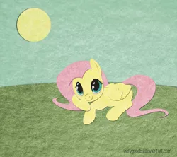 Size: 948x843 | Tagged: safe, artist:verygood91, derpibooru import, fluttershy, pegasus, pony, cute, felt, female, grass, looking at you, lying down, mare, shyabetes, signature, sky, smiling, solo, sun