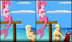 Size: 3831x2236 | Tagged: safe, artist:physicrodrigo, derpibooru import, part of a set, applejack, pinkie pie, bird, mermaid, series:equestria mermaids, equestria girls, battleship, belly button, boat, breasts, busty applejack, busty pinkie pie, cleavage, cloud, dragging, duo, duo female, female, frown, hatless, high res, looking at each other, loose hair, mermaidized, mexico, midriff, military, missing accessory, moped, navy, ocean, open mouth, paper, part of a series, pen, pier, ponytail, scooter, seashell bra, ship, sitting, smiling, species swap, story included, two panels, writing
