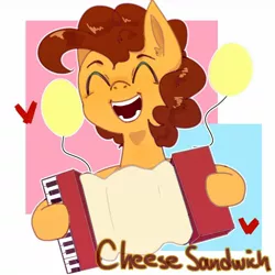 Size: 1280x1280 | Tagged: safe, artist:nocturne1113, derpibooru import, cheese sandwich, earth pony, pony, abstract background, accordion, balloon, cute, diacheeses, eyes closed, heart, male, musical instrument, open mouth, solo, stallion