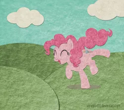 Size: 948x843 | Tagged: safe, artist:verygood91, derpibooru import, pinkie pie, earth pony, pony, cloud, cute, diapinkes, eyes closed, felt, female, grass, grass field, happy, mare, open mouth, signature, sky, smiling, solo