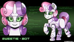 Size: 3840x2160 | Tagged: safe, artist:ciderpunk, derpibooru import, sweetie belle, pony, robot, robot pony, bedroom eyes, computer, cute, diasweetes, looking at you, sweetie bot, sweetie bot project, wallpaper, wingding eyes