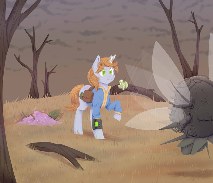 Size: 2511x2160 | Tagged: safe, artist:djkaskan, derpibooru import, oc, oc:littlepip, oc:watcher, unofficial characters only, parasprite, pony, robot, unicorn, fallout equestria, fanfic, apple, bag, clothes, cloud, cloudy, cutie mark, dead tree, fanfic art, female, food, glowing horn, hooves, horn, levitation, magic, mare, pipbuck, raised hoof, saddle bag, spritebot, telekinesis, tree, vault suit