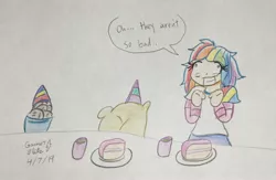 Size: 2362x1536 | Tagged: artist:gmangamer25, cake, derpibooru import, drink, flour, food, hat, human, humanized, party, party hat, party of one, personality swap, rainbow dash, rainbowmena, rock, safe, swap, traditional art, wat