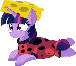 Size: 7156x6197 | Tagged: safe, artist:cyanlightning, derpibooru import, twilight sparkle, alicorn, insect, ladybug, pony, .svg available, absurd resolution, animal costume, cheese, cheese hat, cheesehead, clothes, coccinellidaephobia, costume, cute, ear fluff, ear tufts, female, food, frown, hat, internal screaming, looking up, mare, prone, sad, sadorable, scared, simple background, solo, they're just so cheesy, this will not end well, transparent background, turophobia, twiabetes, twilight hates ladybugs, vector, wat