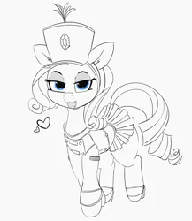 Size: 2749x3170 | Tagged: safe, artist:pabbley, derpibooru import, rarity, pony, unicorn, clothes, cute, female, hat, heart, high heels, looking at you, mare, mary janes, monochrome, neo noir, open mouth, partial color, pleated skirt, shoes, skirt, skirt lift, solo, uniform