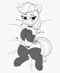 Size: 1941x2358 | Tagged: suggestive, artist:pabbley, derpibooru import, applejack, earth pony, pony, bed, belly button, bits, choker, clothes, embarrassed, female, human shoulders, implied prostitution, laying on bed, lying down, mare, monochrome, neo noir, on bed, panties, partial color, socks, solo, underwear