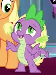 Size: 361x486 | Tagged: safe, derpibooru import, screencap, applejack, spike, twilight sparkle, alicorn, dragon, the beginning of the end, claws, cropped, female, male, mare, offscreen character, twilight sparkle (alicorn), winged spike