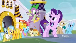 Size: 1782x1000 | Tagged: safe, derpibooru import, screencap, carrot cake, cup cake, doctor fauna, linky, mayor mare, pound cake, pumpkin cake, shoeshine, spike, starlight glimmer, dragon, earth pony, pegasus, pony, unicorn, the beginning of the end, cake twins, canterlot, female, foal, male, mare, siblings, stallion, twins, winged spike