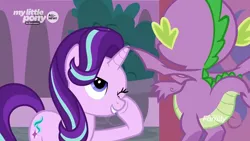 Size: 1782x1003 | Tagged: safe, derpibooru import, screencap, spike, starlight glimmer, dragon, pony, unicorn, the beginning of the end, claws, cutie mark, duo, faceless male, female, flying, male, mare, offscreen character, one eye closed, raised hoof, smiling, winged spike, wings, wink