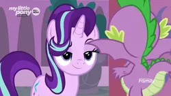 Size: 1781x1002 | Tagged: safe, derpibooru import, screencap, spike, starlight glimmer, dragon, pony, unicorn, the beginning of the end, baby, baby dragon, claws, duo, faceless male, female, flying, lidded eyes, male, mare, offscreen character, raised eyebrow, smug, smuglight glimmer, spread wings, winged spike, wings