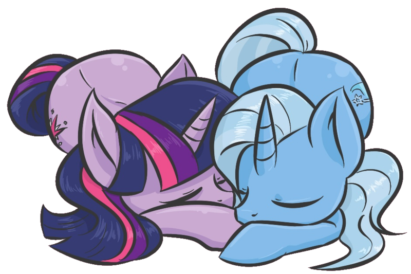 Size: 938x625 | Tagged: safe, artist:mysteryrose, derpibooru import, edit, trixie, twilight sparkle, pony, unicorn, cropped, cute, diatrixes, female, lesbian, mare, shipping, simple background, sleeping, transparent background, twiabetes, twixie