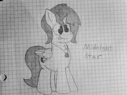 Size: 1600x1200 | Tagged: safe, artist:thebadbadger, derpibooru import, oc, oc:midnight star, alicorn, pony, graph paper, grayscale, lined paper, monochrome, traditional art