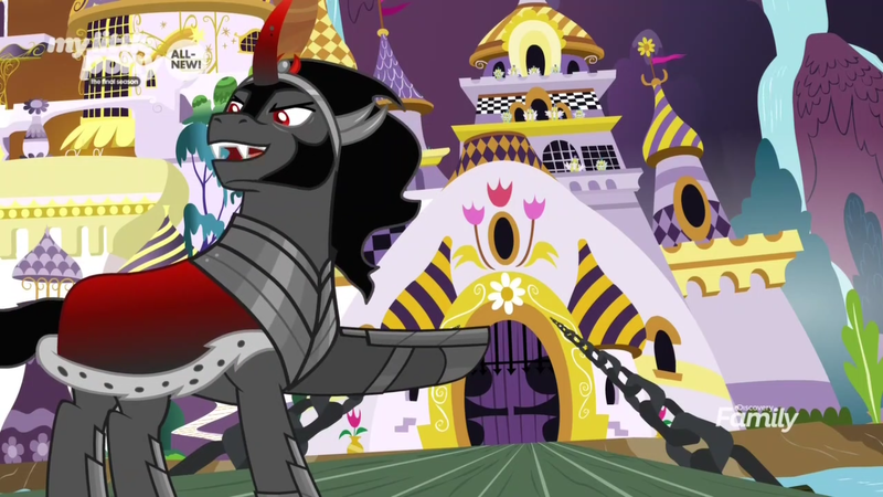 Size: 1366x768 | Tagged: safe, derpibooru import, screencap, king sombra, pony, unicorn, the beginning of the end, armor, bridge, canterlot, castle, conquest, curved horn, gate, guard, guards, horn, invasion, king, male, moat, order, pointing, portcullis, solo, stallion