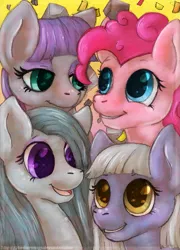 Size: 685x950 | Tagged: safe, artist:blusagi, derpibooru import, limestone pie, marble pie, maud pie, pinkie pie, earth pony, pony, bust, colored pupils, confetti, cute, diapinkes, female, lidded eyes, limabetes, looking at each other, marblebetes, mare, maudabetes, open mouth, pie sisters, portrait, rock, siblings, sisters, smiling, when she smiles