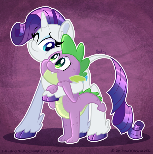 Size: 500x505 | Tagged: safe, artist:the-irken-moonwalker, derpibooru import, rarity, spike, classical unicorn, dragon, pony, unicorn, baby, baby dragon, blue eyes, cloven hooves, colored hooves, cute, ear fluff, fangs, female, green eyes, hoof around neck, hug, leg fluff, leonine tail, looking at each other, male, mare, one eye closed, purple background, raribetes, scales, shipping, signature, simple background, smiling, sparity, spikabetes, squishy cheeks, straight, unshorn fetlocks