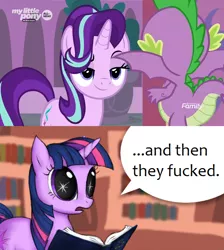 Size: 1782x1989 | Tagged: suggestive, artist:kelmfire, artist:titanium-pony, artist:wedgeantilleshzdgj, derpibooru import, edit, edited screencap, screencap, spike, starlight glimmer, twilight sparkle, dragon, pony, unicorn, the beginning of the end, and then sex happened, and then they all fucked, bedroom eyes, big eyes, book, dilated pupils, discovery family logo, female, golden oaks library, implied sex, looking at each other, male, meme, shipping, sparkle eyes, sparkly eyes, sparlight, speech bubble, spread wings, starry eyes, straight, unicorn twilight, vulgar, wingding eyes, winged spike, wings