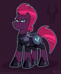 Size: 400x481 | Tagged: safe, artist:the-irken-moonwalker, derpibooru import, tempest shadow, pony, unicorn, armor, broken horn, eye scar, female, frown, hoof shoes, horn, looking at you, mare, purple background, scar, simple background, solo