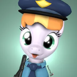 Size: 1080x1080 | Tagged: safe, artist:spinostud, derpibooru import, copper top, pony, 3d, :p, baton, female, hat, looking at you, mare, police, police officer, police pony, police uniform, silly, solo, source filmmaker, tongue out