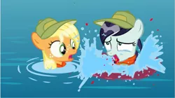 Size: 1193x670 | Tagged: semi-grimdark, derpibooru import, edit, edited screencap, screencap, applejack, coloratura, pony, the mane attraction, alternate history, alternate timeline, attack, bad end, blood, camp friendship, crying, death, dying, female, filly, horror, jaws, looking up, ocean, oh shit, pain, rara, sad, screaming, shocked, splashing, story included, wat, water