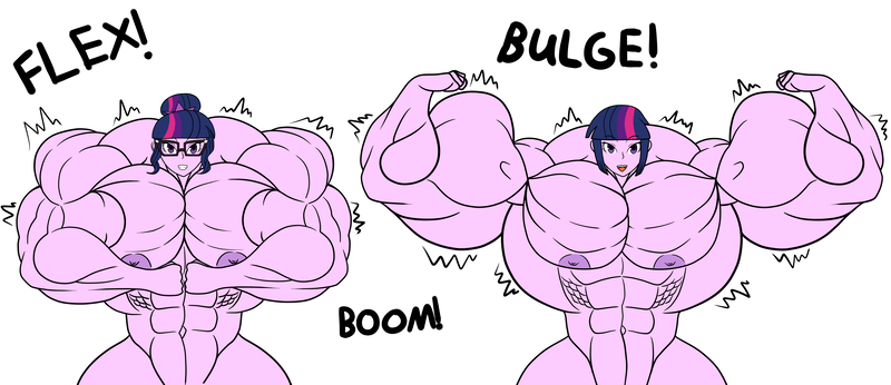 Size: 7000x3024 | Tagged: questionable, artist:nokozeze, derpibooru import, sci-twi, twilight sparkle, equestria girls, abs, biceps, breasts, buff breasts, duality, duo, duo female, female, fetish, flex, flexing, hyper, hyper muscle, muscle fetish, musclebeast, muscles, muscular female, nipples, nudity, overdeveloped muscles, self paradox, simple background, triceps, twilight muscle, twolight, white background