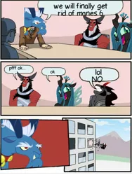 Size: 540x718 | Tagged: boardroom suggestion, crazylis, derpibooru import, employer meme, exploitable meme, female, grogar, king sombra, lol, lord tirek, male, meme, queen chrysalis, safe, speech bubble, the beginning of the end