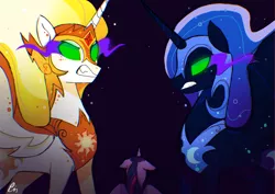 Size: 1754x1240 | Tagged: safe, artist:pinweena30, derpibooru import, daybreaker, nightmare moon, twilight sparkle, twilight sparkle (alicorn), alicorn, pony, the beginning of the end, angry, black background, chromatic aberration, dark magic, female, magic, scene interpretation, simple background, sombra eyes, this will end in death, this will end in tears, this will end in tears and/or death