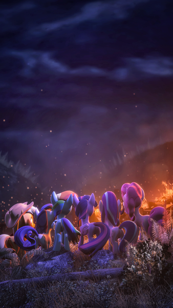 Size: 2160x3840 | Tagged: safe, artist:freasaloz, derpibooru import, applejack, pinkie pie, rainbow dash, rarity, starlight glimmer, twilight sparkle, twilight sparkle (alicorn), alicorn, earth pony, pegasus, pony, unicorn, 3d, cowboy hat, female, fire, hat, mare, source filmmaker