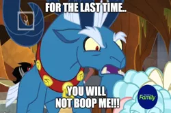 Size: 1170x778 | Tagged: safe, derpibooru import, edit, edited screencap, screencap, cozy glow, grogar, lord tirek, pegasus, pony, sheep, the beginning of the end, 2019, boop denied, caption, discovery family logo, evil lair, female, filly, grogar's lair, image macro, imminent boop, lair, male, meme, ram, solo focus, text, this will end in boops, tv rating, tv-y