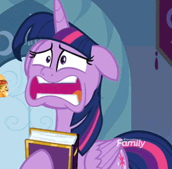Size: 488x481 | Tagged: safe, derpibooru import, edit, edited screencap, editor:zeppo, screencap, twilight sparkle, twilight sparkle (alicorn), alicorn, pony, the beginning of the end, animated, book, cropped, eating, floppy ears, food, friendship journal, gif, hyperventilating, panic, sandwich, solo, sub sandwich, twilighting