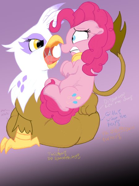 Size: 768x1024 | Tagged: questionable, artist:mrleft, derpibooru import, gilda, pinkie pie, gryphon, belly, big belly, drool, drool string, female, fetish, floppy ears, flutterprey, food chain, gildapred, griffons doing griffon things, imminent digestion, implied applejack, implied fluttershy, implied mane six, implied rainbow dash, implied rarity, implied twilight sparkle, multiple prey, mythologically accurate, open mouth, oral vore, pinkie prey, predator, prey, preydash, preyjack, preylight, rariprey, unwilling prey, vore