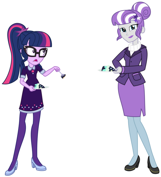 Size: 1896x2081 | Tagged: safe, artist:sketchmcreations, derpibooru import, sci-twi, twilight sparkle, twilight velvet, equestria girls, equestria girls series, twilight under the stars, spoiler:eqg series (season 2), cake, clothes, dress, equestria girls-ified, female, food, hair bun, high heels, mother and child, mother and daughter, pantyhose, shoes, side slit, simple background, skirt, tara strong, transparent background, vector, voice actor joke