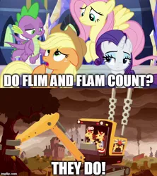 Size: 500x562 | Tagged: alternate timeline, applejack, caption, derpibooru import, dragon, edit, edited screencap, excavator, flam, flim, flim flam brothers, flim flam industry timeline, fluttershy, image macro, meme, rarity, safe, screencap, spike, text, the beginning of the end, the cutie re-mark, winged spike