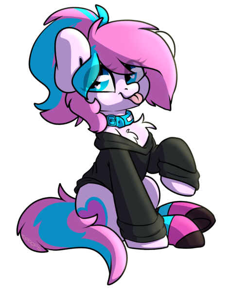 Size: 2075x2630 | Tagged: safe, artist:spoopygander, derpibooru import, oc, oc:panda shade, unofficial characters only, earth pony, pony, buckle, chest fluff, clothes, collar, cute, cutie mark, female, jumper, looking at you, mare, mlem, multicolored hair, raised hoof, silly, socks, solo, striped socks, tongue out